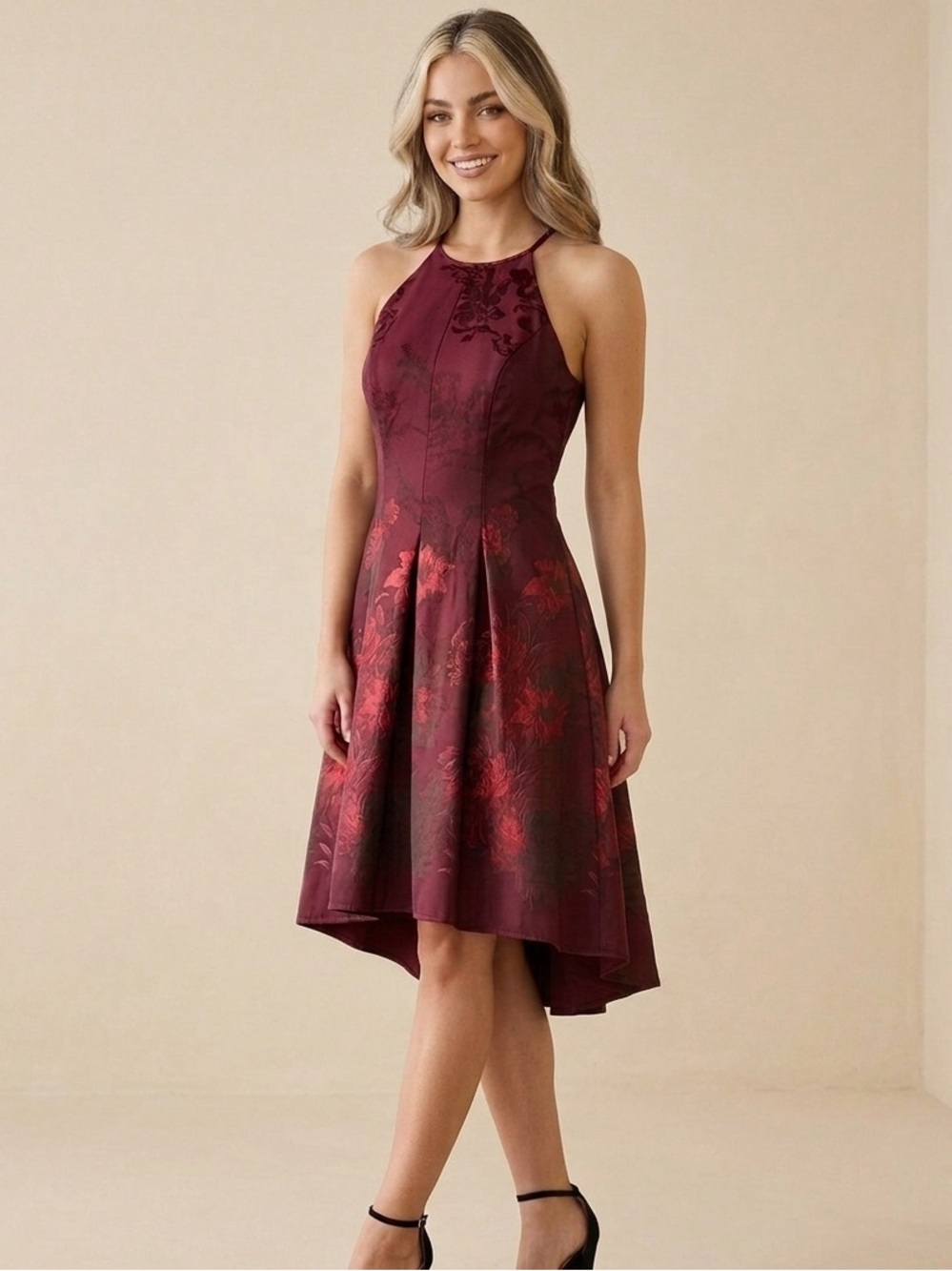 WHBM Floral Halter Jacquard Pleated Fit & Flare Mini Dress w/Pockets, SZ 10,NWT